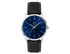 A men's dress watch with a blue dial and silver-tone hands, featuring a black leather strap and a logo.