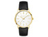 A men's dress watch featuring a gold case, white dial, and a black leather strap. It has a logo on the dial.