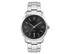 A men's casual dress watch featuring a stainless steel strap and a black dial with large numerals and a logo.