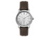 A silver watch with a minimalist face and a brown leather strap, featuring a logo on the dial.