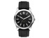 A black unisex watch with a sleek design, featuring a rPET strap and silver accents. It has a logo on the dial.
