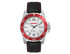 A sports watch with a white face, silver casing, and black leather strap featuring red accents and a logo.