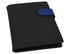 A black A5 portfolio with a blue clasp, featuring a logo on the front. Ideal for organising documents.