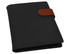 A black portfolio binder with a brown clasp, featuring a logo. Ideal for organising documents.