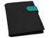 A black portfolio with a teal fastening, featuring a sleek design and a logo on the cover.