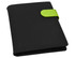 A black portfolio with a vibrant green clasp, featuring a smooth finish and a simple design.