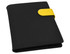 A black A5 portfolio with a yellow closure, featuring a logo on the front. Ideal for business use.