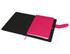 A pink A5 portfolio with a black cover and an elastic closure, featuring an inner notebook.