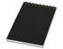 A black pocket spiral notebook with a wire binding and blank pages. Ideal for notes or sketches.