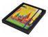 A vibrant A5 notebook in a boxed set featuring a colourful cover design and a pen, with a logo present.