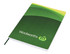 A green A5 portfolio with a curved design and a logo on the front. It features a ribbon bookmark.