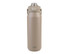 A drink bottle in a soft beige hue featuring a vacuum quick release lid and a sturdy carrying handle.
