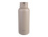 A drink bottle in a light beige colour with a secure flip-top lid and a small spout, featuring a logo.