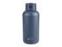 A drink bottle in dark blue with a sleek design and a flip-top lid, featuring a logo at the base.