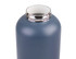 A drink bottle in matte grey with a shiny silver rim and an insulated opening. It features a logo.