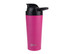 A drink bottle in vibrant pink with a black lid and a logo, designed for vacuum insulation.
