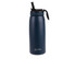 A drink bottle in navy blue with a black spout lid and a contoured body. Features a logo on the front.
