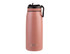 A drink bottle in soft pink with a black spout and handle, featuring a logo on the front.