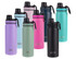 A drink bottle collection featuring various colours: black, green, blue, pink, purple, and a light blue, with screw caps and branding.