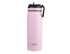 A drink bottle in a pastel pink colour with a black lid and a handle, featuring a logo on the side.