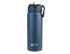 A drink bottle in navy blue with a spout lid and a carry handle, featuring a logo.