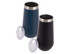 A drink bottle set featuring two vacuum champagne flutes in navy blue and black with metal accents and clear lids.