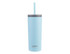 A drink bottle in light blue with a grey lid and a straw, featuring a logo on the side.