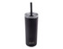 A drink bottle featuring a black finish, a straw, and a lid, with a logo on the front.