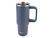 A drink bottle featuring a navy blue body, silver rim, and a sturdy handle, with a logo on the front.