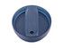 A drink bottle lid in dark blue with a sliding mechanism and a mouthpiece opening, featuring a logo.