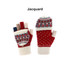 A pair of red jacquard fingerless gloves with a flip cover, featuring a patterned knitted design in cream, blue, and red.
