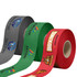 Three rolls of ribbon in grey, green, and red, featuring various logos and designs. 