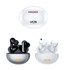 Active noise cancelling wireless earbuds in black and white, stored in a sleek charging case with a logo.