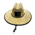 A straw hat in natural tones with a black band and a logo. Features a wide brim and a chin strap.