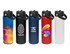 A drink bottle collection featuring five varieties: blue, red, white, and multicoloured designs, with branding on some.