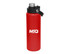 A drink bottle in red with a screw cap and a logo on the side, featuring a black lid and handle.