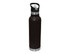A drink bottle featuring a dark brown body with a black spout lid and a silver base, includes a logo.