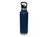 A drink bottle in navy blue with a stainless steel base and a black spout cap, featuring a logo.