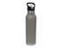 A drink bottle in grey with a black spout and a silver base, featuring a handle and a logo.
