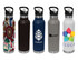 A drink bottle collection featuring various designs in black, navy, grey, and white, each with a spout and branding.