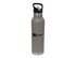 A drink bottle in grey with a stainless steel base and a black sipper spout, featuring a logo.