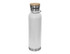 A drink bottle featuring a white body, stainless steel base, and a bamboo lid, complete with a logo.