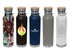 A drink bottle collection featuring five designs, including various colours and bamboo lids. Each has a metallic body and a logo.