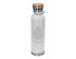 A drink bottle in white with a bamboo lid and stainless steel base, featuring a leaf design and logo.