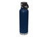 A drink bottle in navy blue with a stainless steel base and a black carry lid. Includes a handle for easy transport.