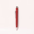 A red metal pen featuring a sleek design and a clip, with a logo on its barrel.
