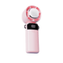 A portable pink cooling fan with a digital display and a phone stand attachment. It also features a logo.