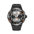 A smart watch with a black strap, silver accents, and an orange display showcasing various functions and a logo.