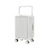 A white hardside suitcase with a textured design and four wheels, featuring a retractable handle and a logo.
