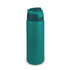 A drink bottle in teal with a screw-top lid and a sleek, minimalist design. It features a logo on the body.